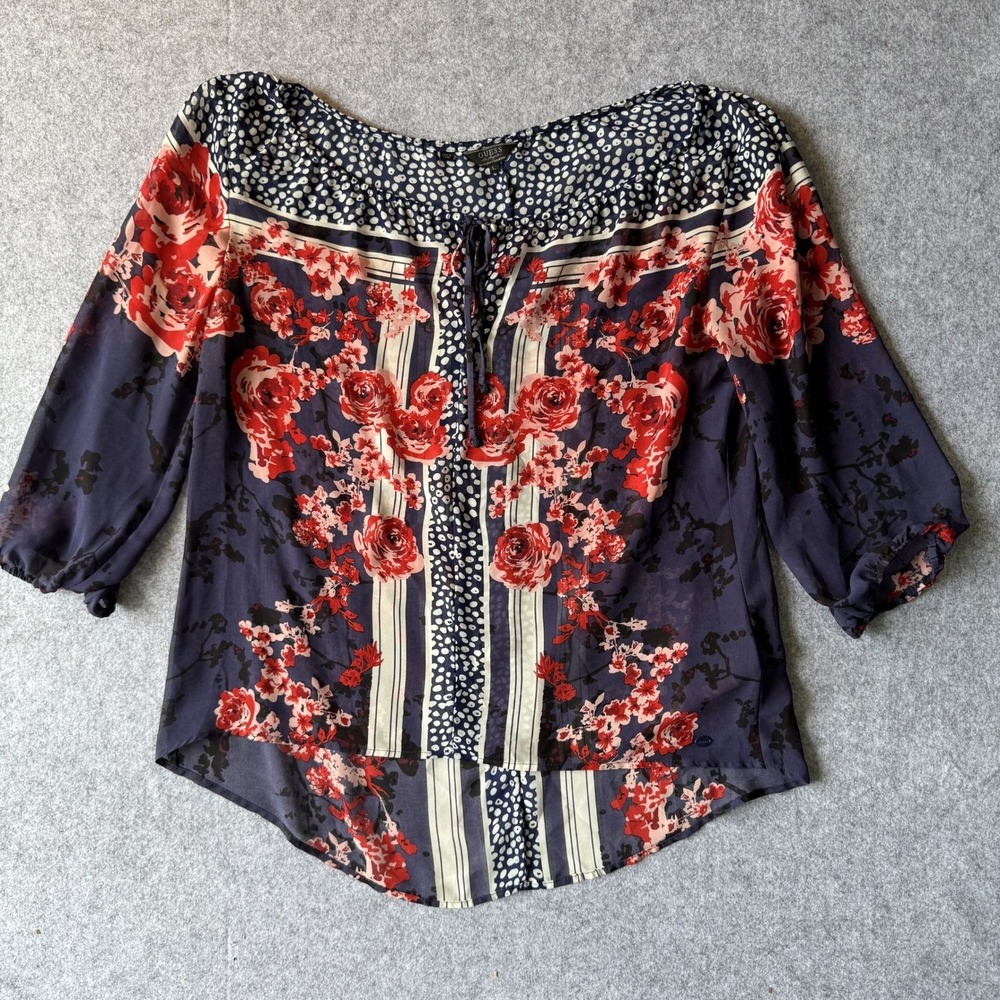 GUESS Floral Polka Dot Chiffon Blouse Navy Red Tie Neck 3/4‎ Sleeve Size Large